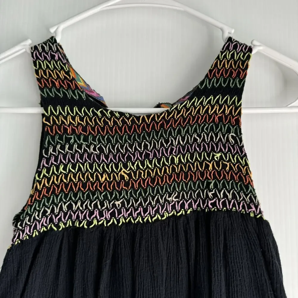 Roxy Black Shirred Dress Multicolored Stitching